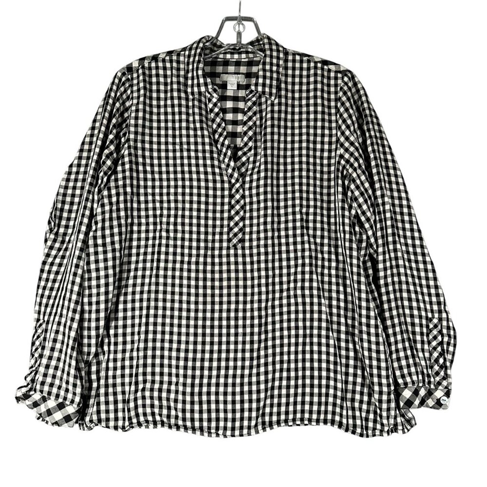 J. Jill Womens Small Black White Gingham Popover Blouse Long Sleeve Split Hem